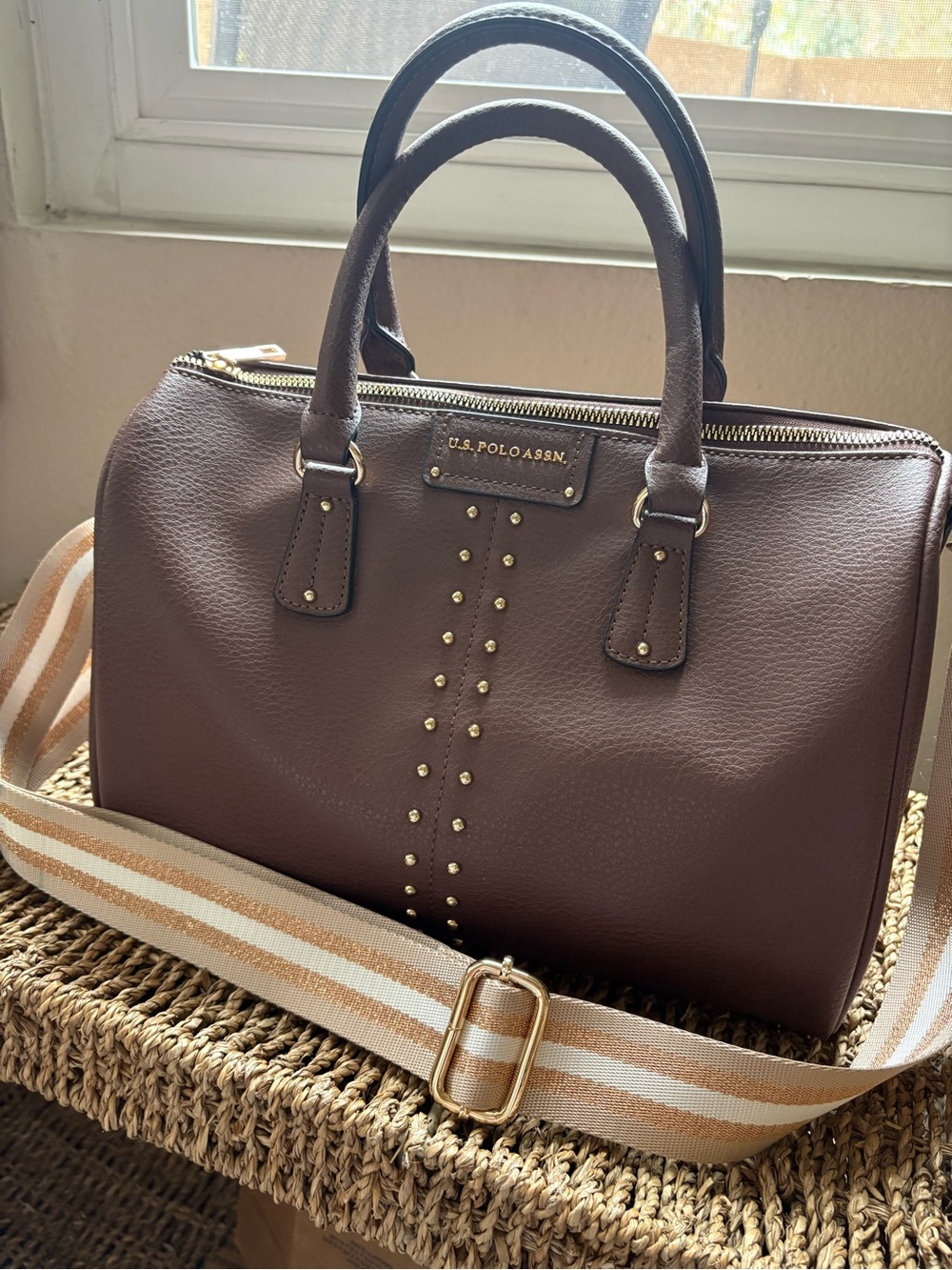 U.S. Polo Assn. Brown Satchel with Striped Removable Strap